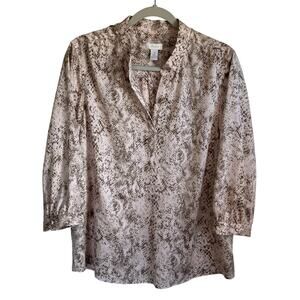 Chico’s Blouse Top Sz L Split Neck 3/4 Sleeves Snakeskin Print Pink Brown Career